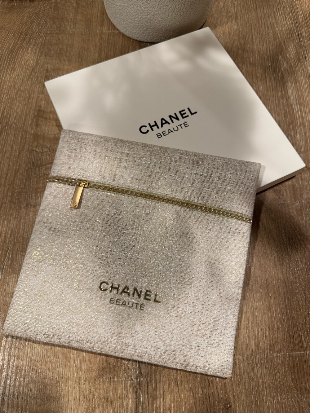 CHANEL Metallic Beige Gold Cosmetic Pouch